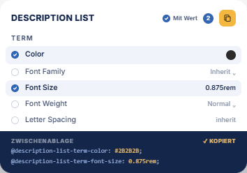 LESS Copy in the YOOtheme customizer: Global component with three highlighted, selected variables, next to the heading the With value switch, the number of selected variables and the yellow copy button