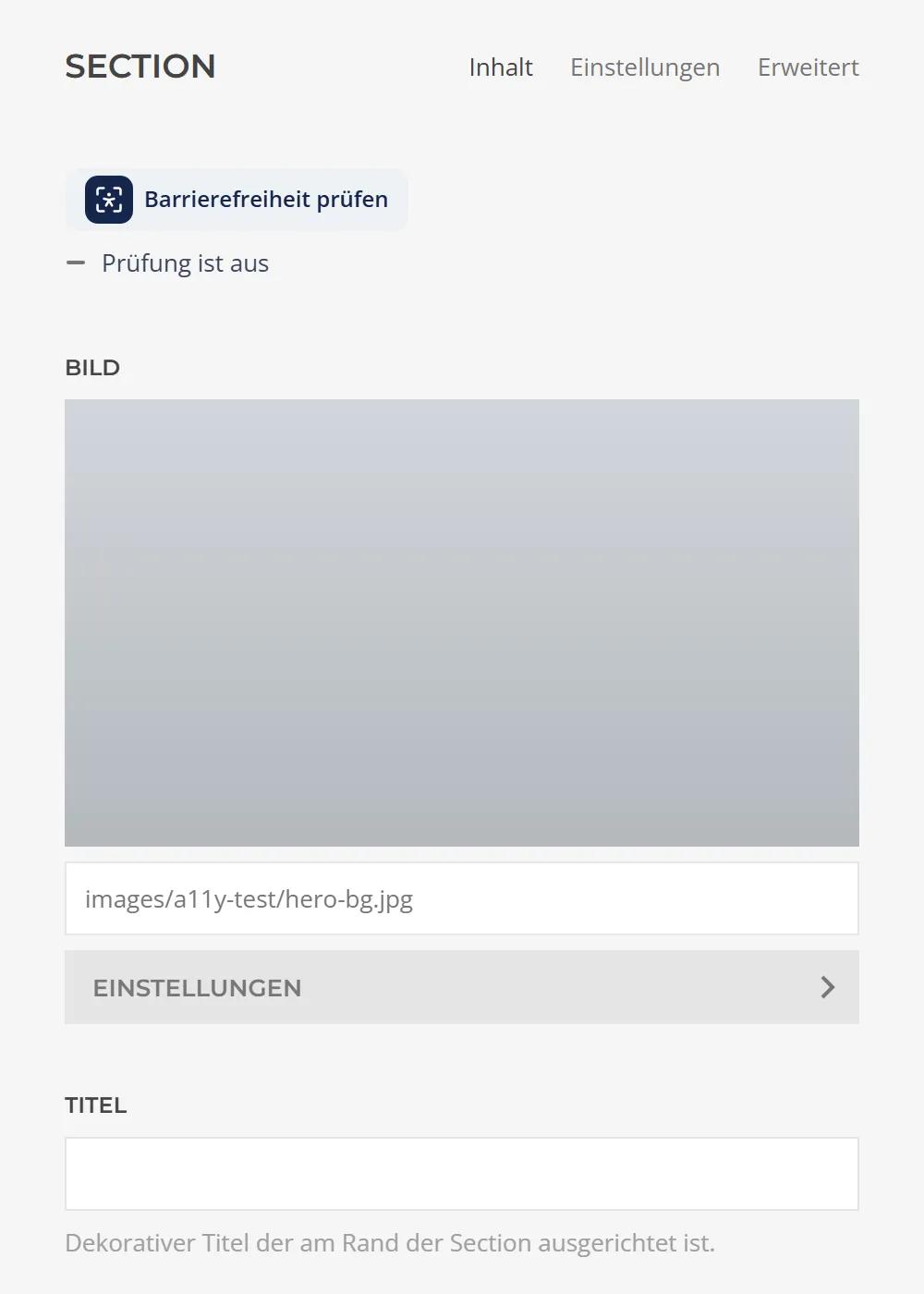 Accessibility Dock in YOOtheme Pro: Check accessibility block in the builder's section panel, below it the status Checking is off