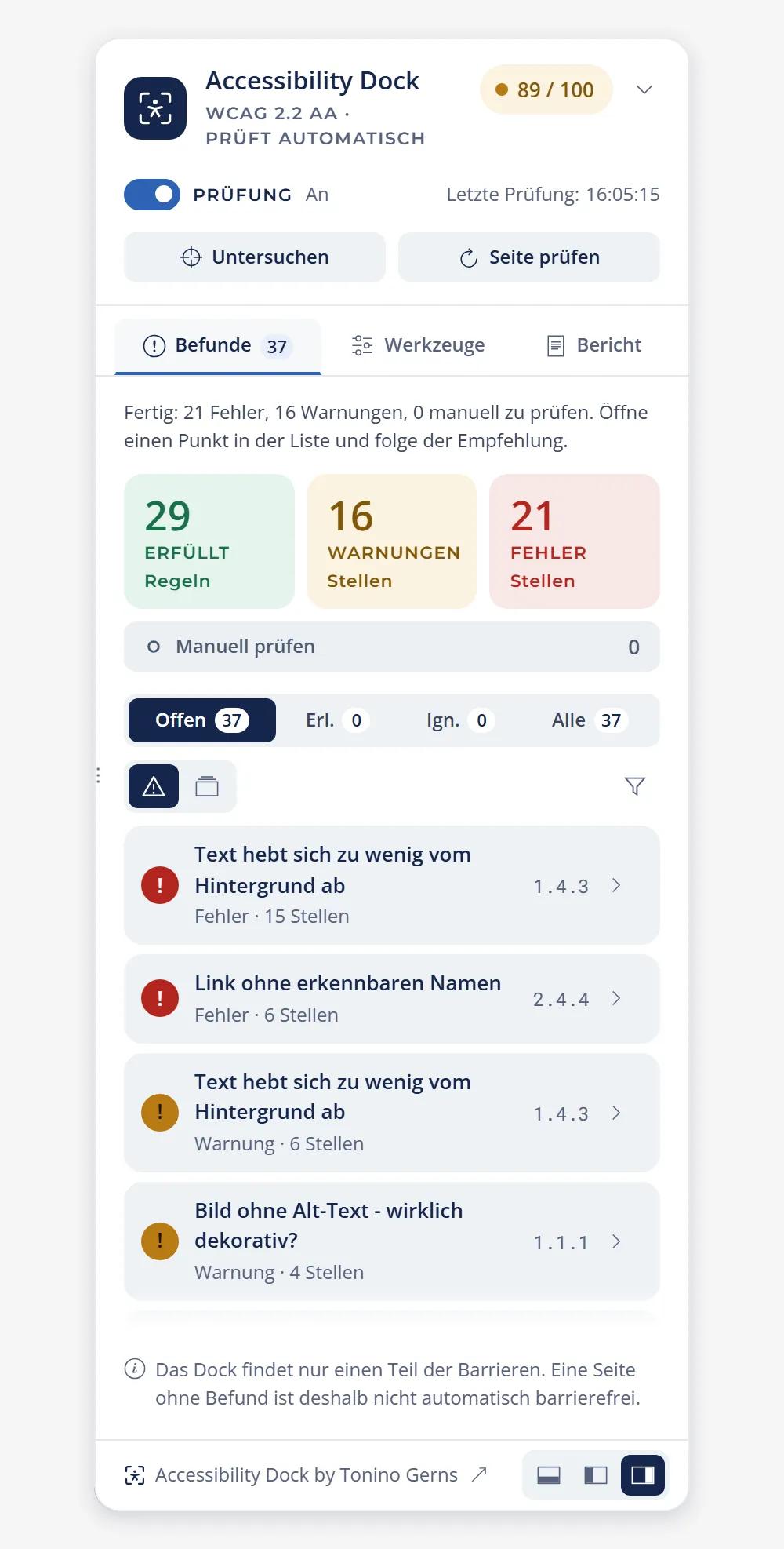 Accessibility Dock in the YOOtheme Customizer: list of findings with a score of 89 out of 100, tiles for rules, warnings and errors, and contrast and alt text findings