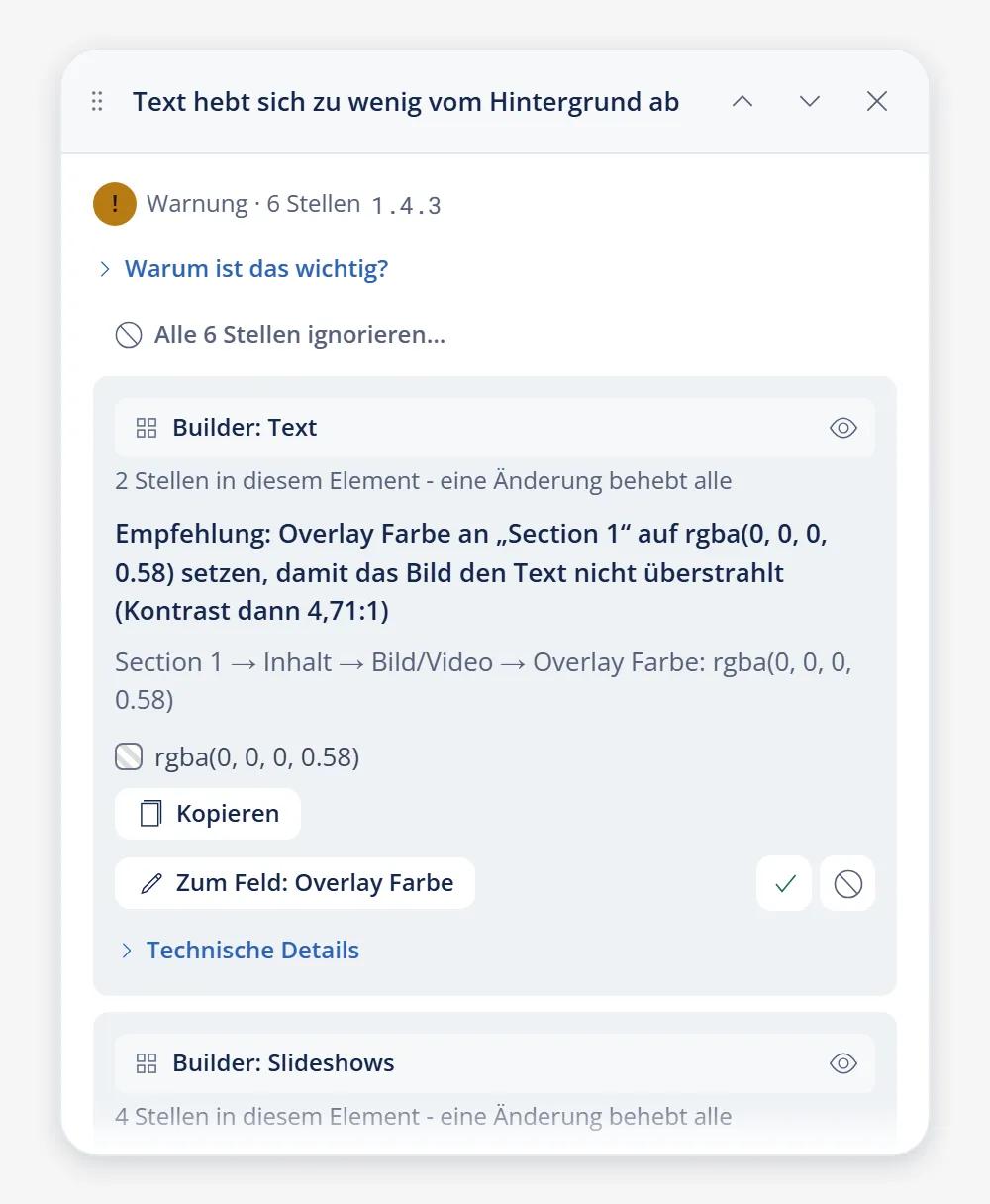 Accessibility Dock in YOOtheme Pro: detail window for a contrast finding with a recommended overlay color, Copy, Go to field, Done and Ignore