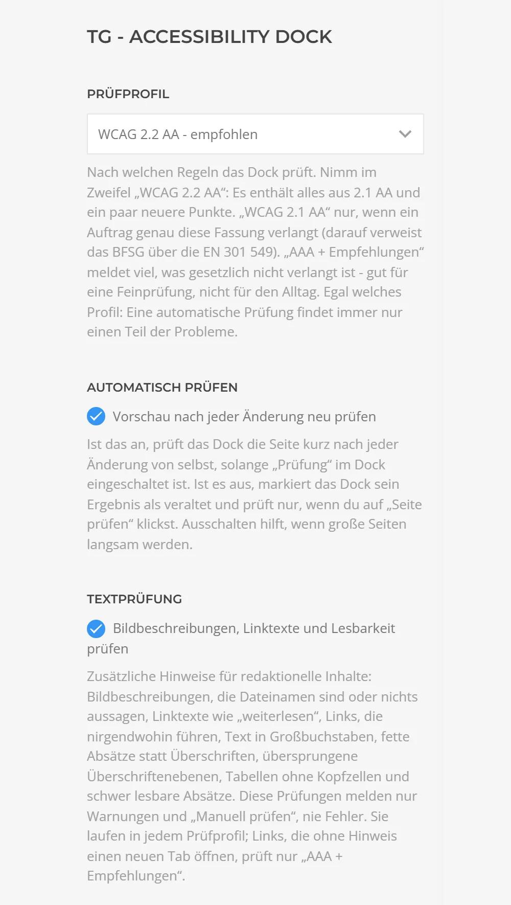 Accessibility Dock in the YOOtheme settings: check profile (WCAG 2.2 AA, 2.1 AA or AAA), automatic checking after every change and text checks