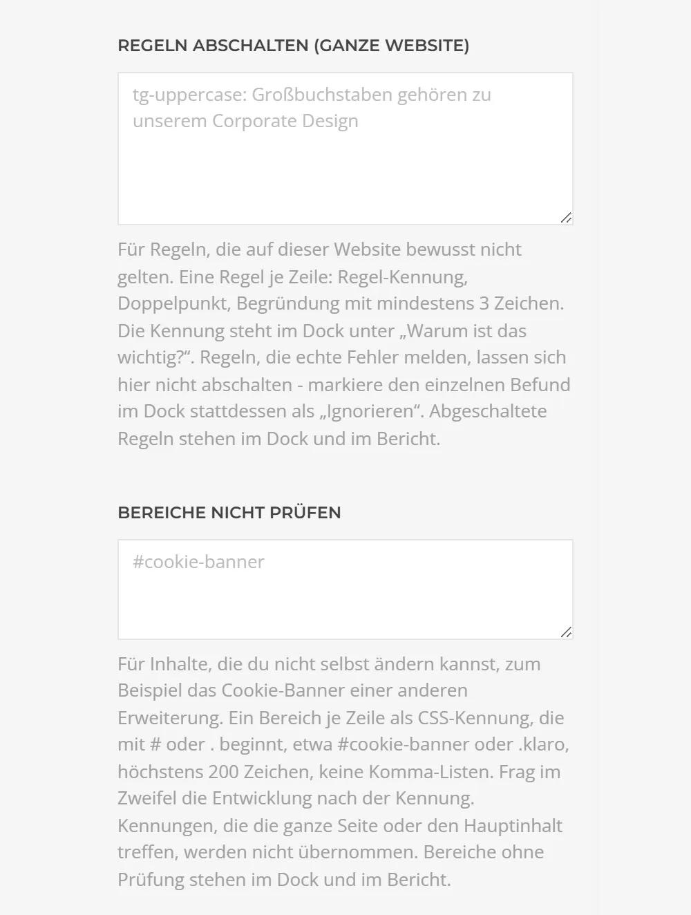 Accessibility Dock in the YOOtheme settings: switch off rules for the whole website and exclude areas like a cookie banner from checking