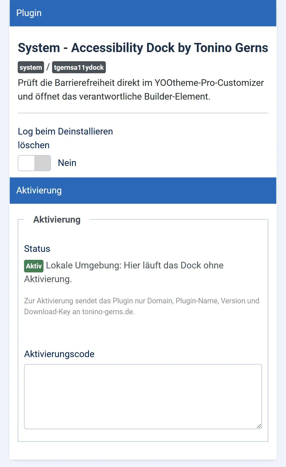 Accessibility Dock in the Joomla backend under Plugins: option to delete the log on uninstall and the Activation tab with status and activation code