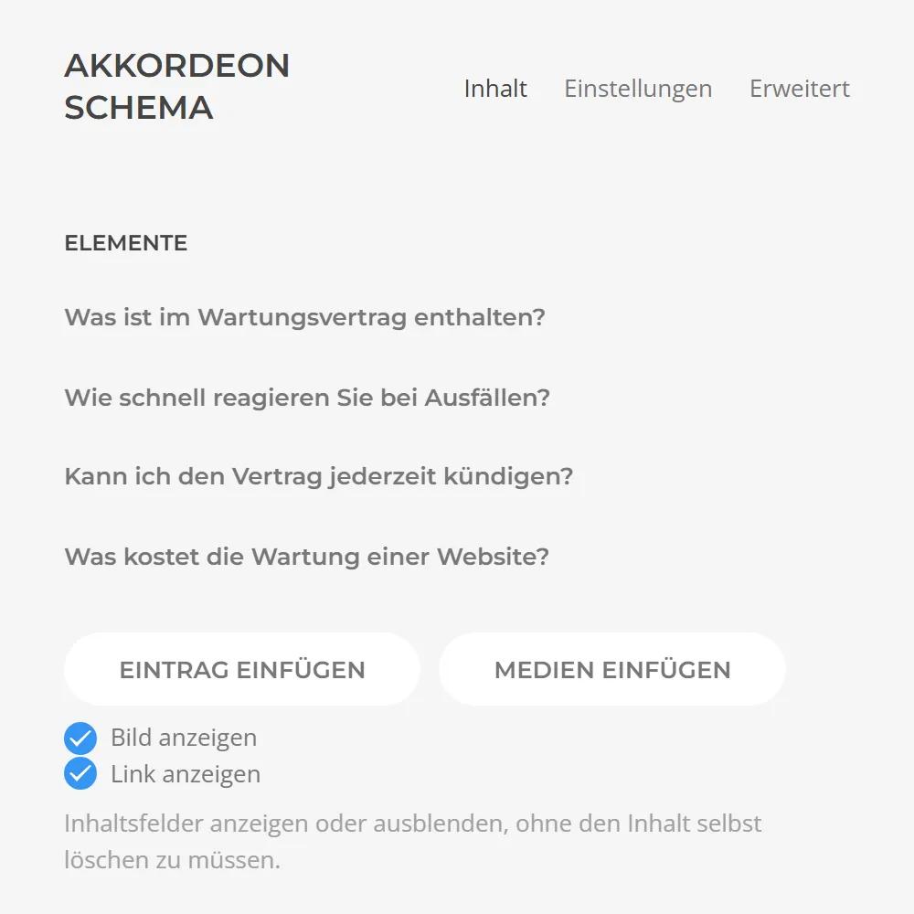 Accordion Schema in YOOtheme Pro, Content tab: list of FAQ items with buttons for adding items and switches for image and link