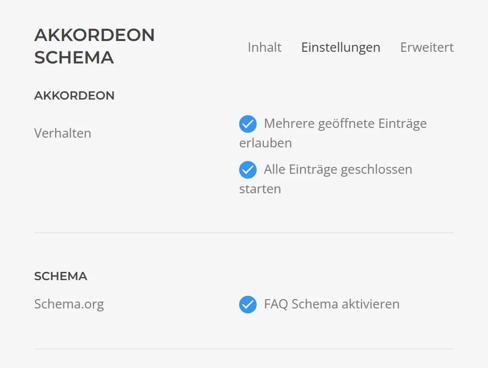 Accordion Schema in YOOtheme Pro: opening behavior with several open items and start with no open item, plus checkbox for FAQ schema