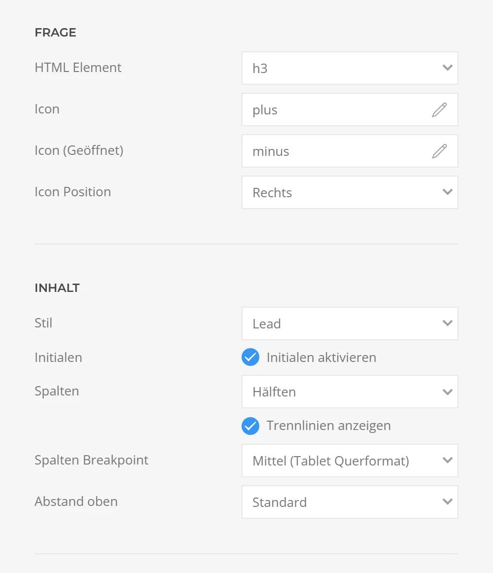 Question and content options of Accordion Schema in YOOtheme Pro: HTML element, icons, icon position, text style, drop caps, columns and spacing