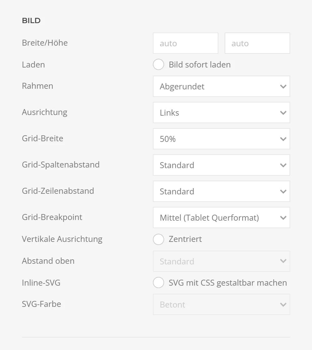 Image options of Accordion Schema in YOOtheme Pro: width and height, border, left alignment, grid width, gaps, breakpoint and inline SVG