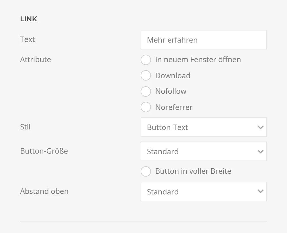 Link options of Accordion Schema in YOOtheme Pro: link text, attributes such as nofollow, style as button or text link, size and spacing