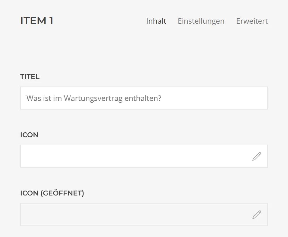 Single item of Accordion Schema in YOOtheme Pro, Content tab: question as title plus custom icons for the closed and open state
