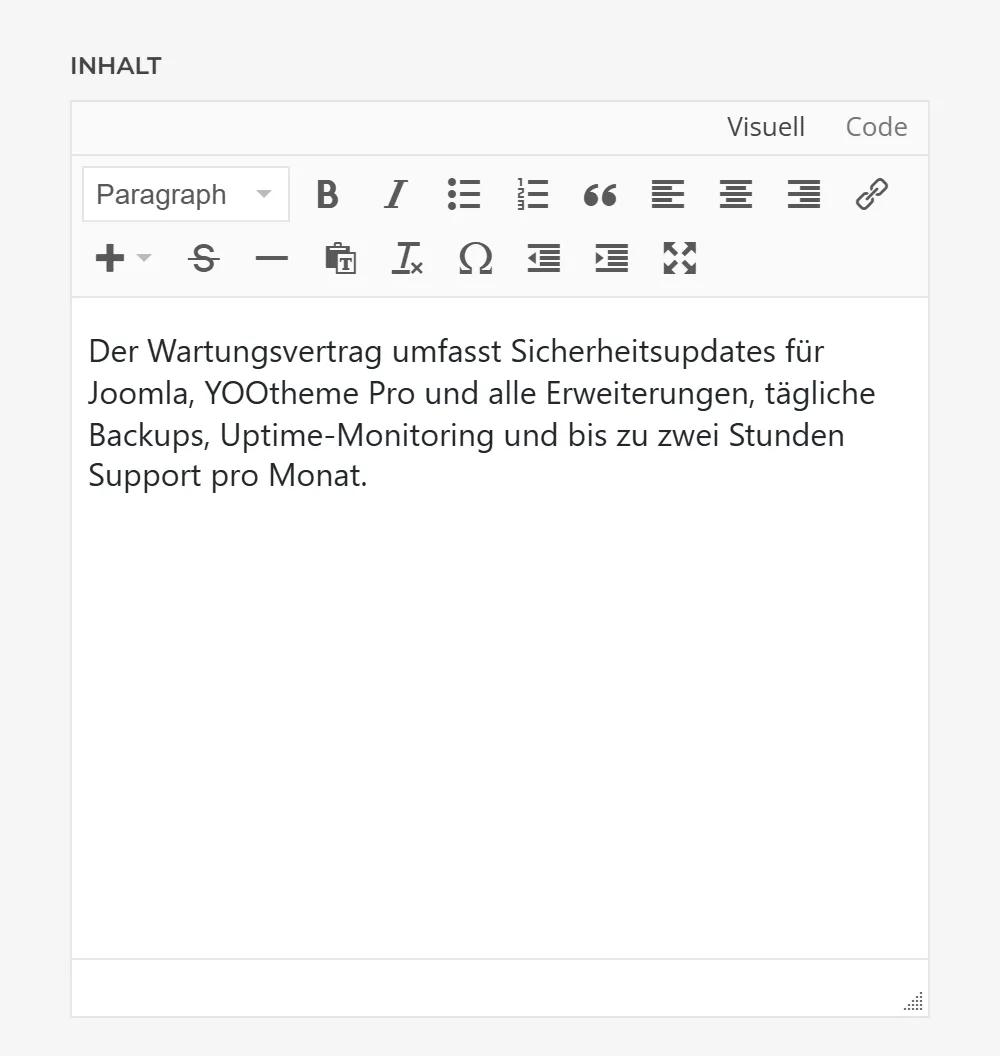 Answer text of an Accordion Schema item in YOOtheme Pro: editor with formatting, lists and links for the answer to an FAQ question