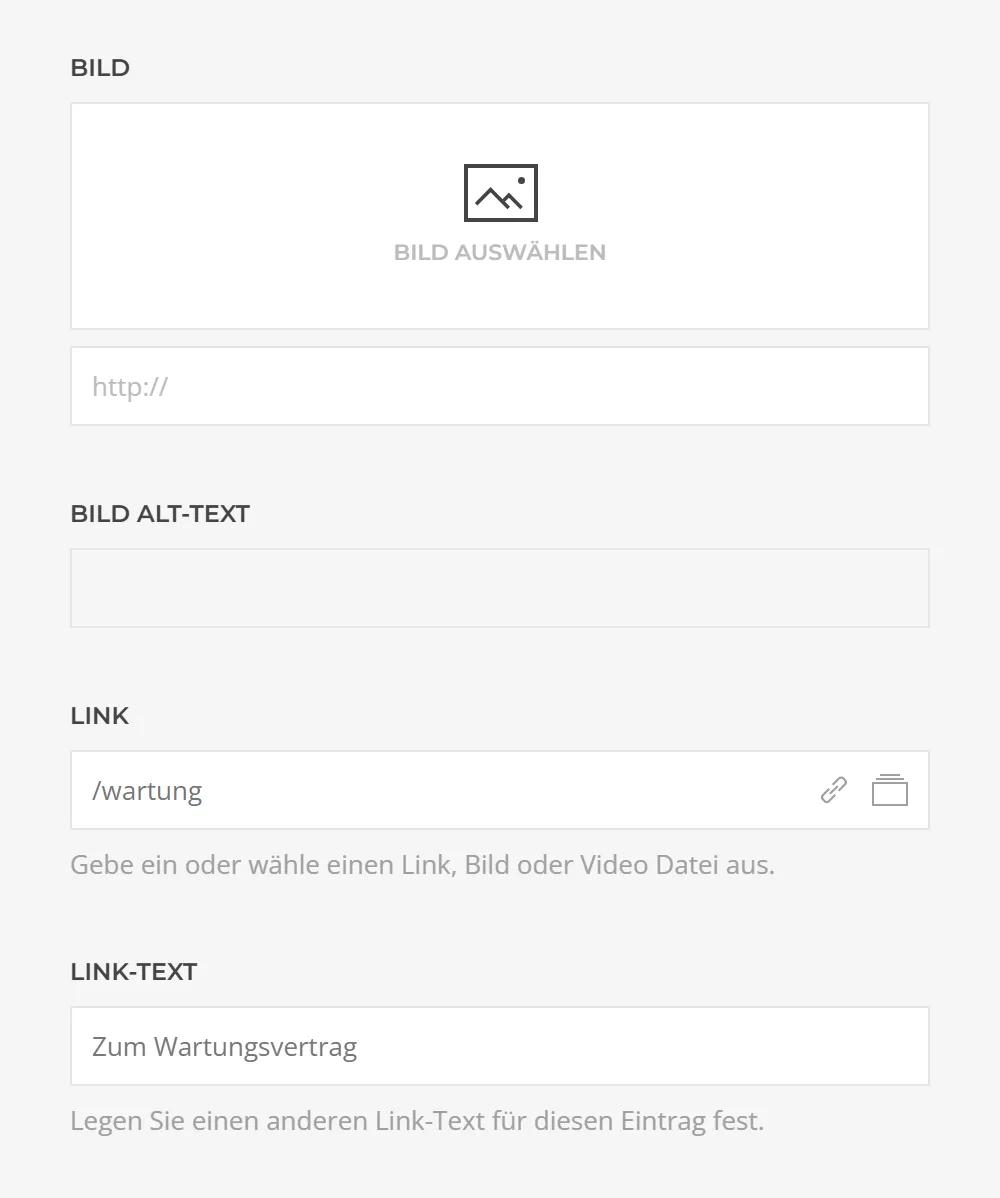 Image and link of an Accordion Schema item in YOOtheme Pro: image selection, alt text, link target and a custom link text per item