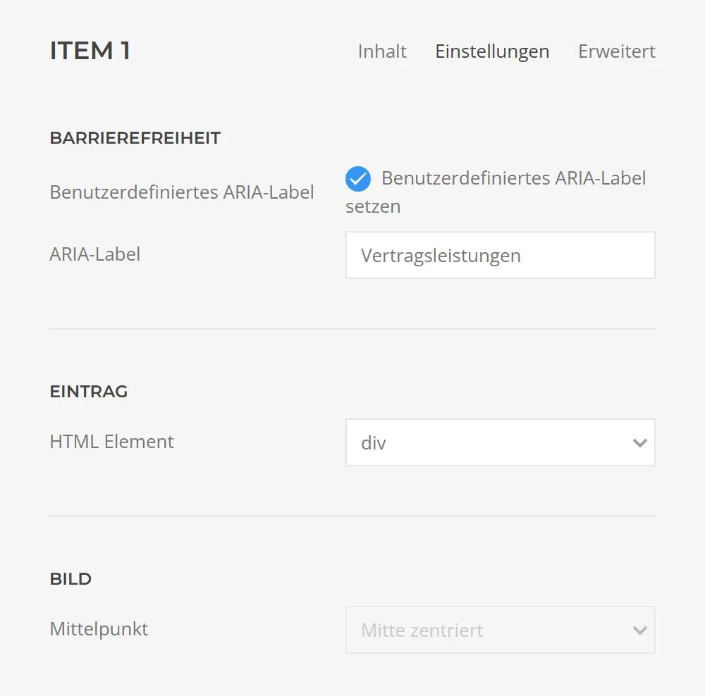 Accessibility of an Accordion Schema item in YOOtheme Pro: custom ARIA label for the toggle button, HTML element and image focal point