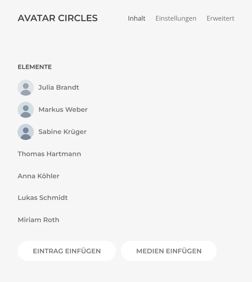 Avatar Circles in YOOtheme Pro: Inhalt-Tab mit der Elementliste, Avatare mit Bild oder als Initialen-Kreis, Buttons zum Einfügen von Einträgen und Medien