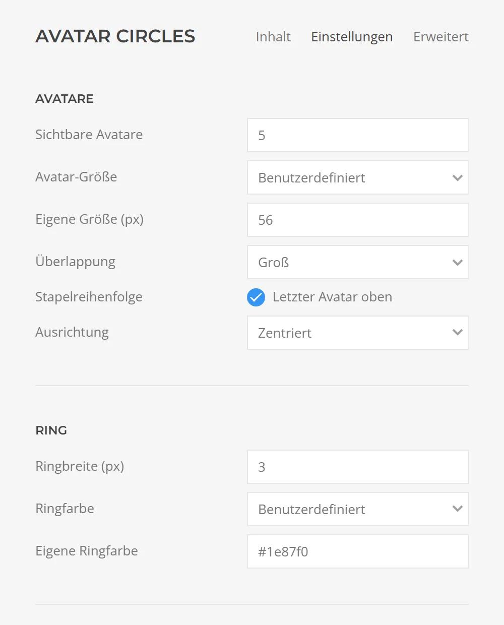 Avatar Circles in YOOtheme Pro: Anzahl sichtbarer Avatare, eigene Größe, Überlappung, Stapelreihenfolge, Ausrichtung sowie Ringbreite und Ringfarbe