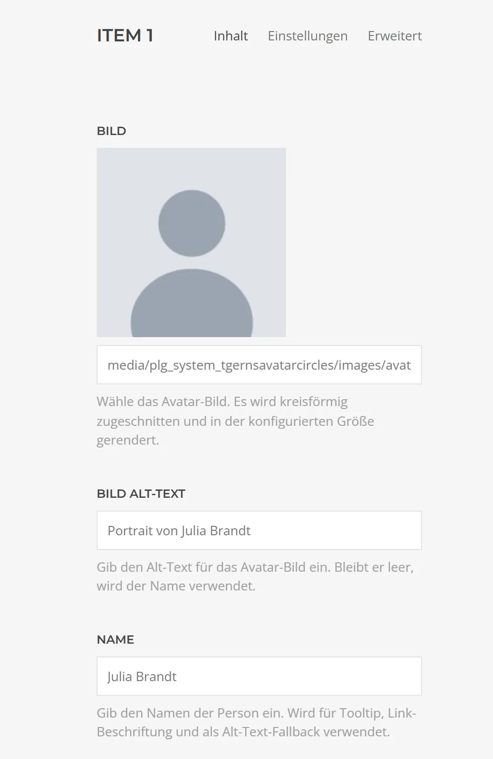 Avatar-Eintrag in Avatar Circles für YOOtheme Pro: Avatar-Bild wählen, Alt-Text für Barrierefreiheit und Name der Person für Tooltip und Link-Beschriftung
