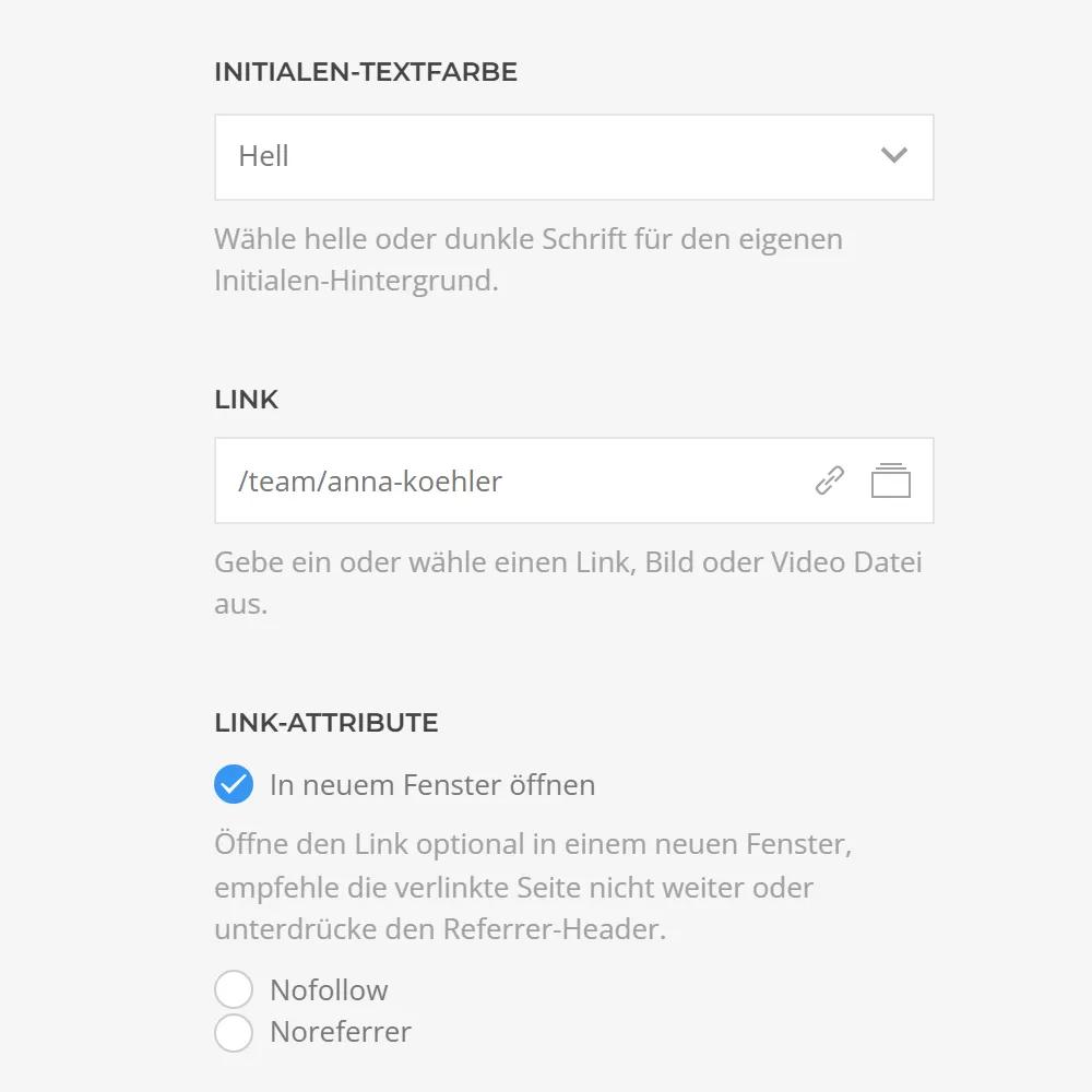 Avatar-Eintrag in Avatar Circles für YOOtheme Pro: helle oder dunkle Initialen-Textfarbe sowie Link je Avatar mit Attributen wie neuem Fenster und Nofollow