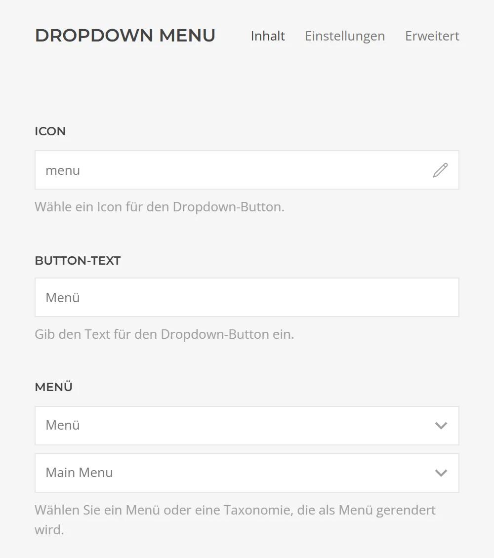 Dropdown Menu in YOOtheme Pro, Content tab: icon, button text and selection of the Joomla menu shown in the dropdown