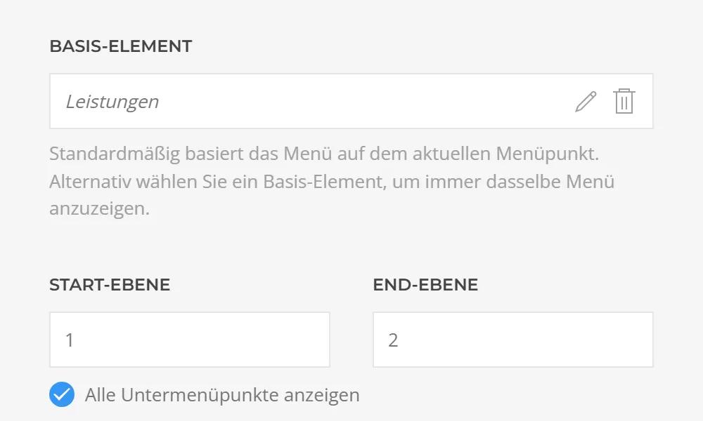 Menu source of Dropdown Menu in YOOtheme Pro: base menu item, start and end level and the option to show all submenu items