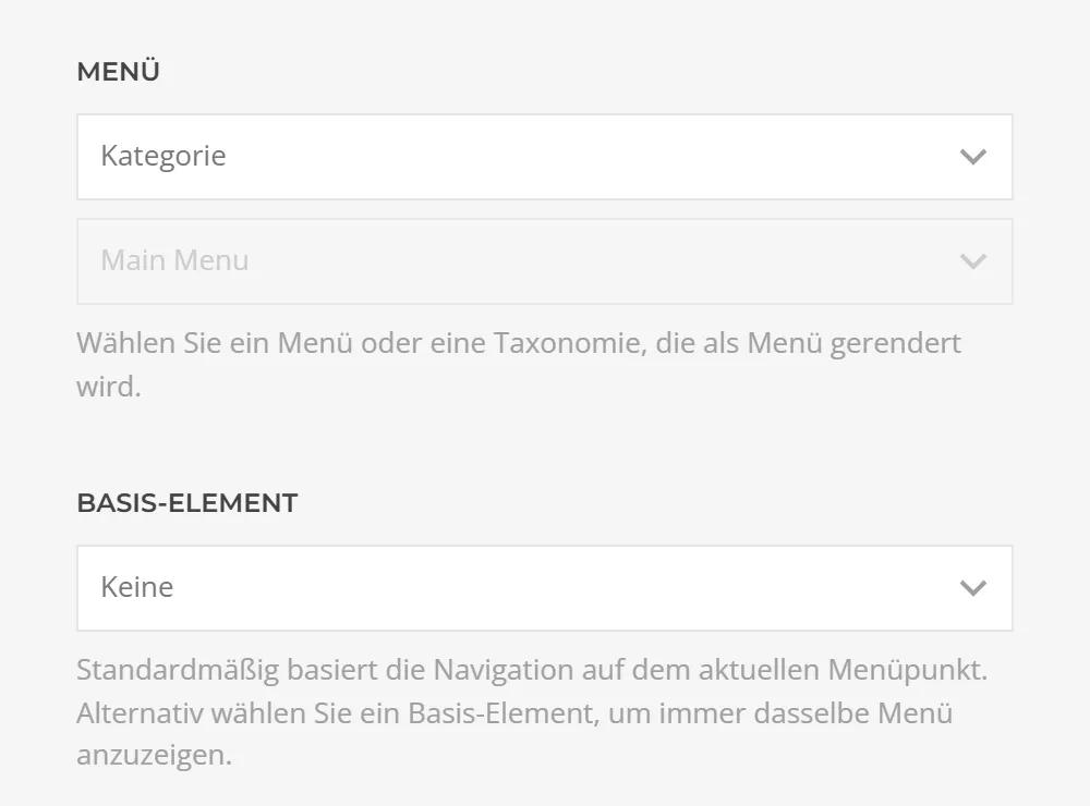 Dropdown Menu in YOOtheme Pro with a category as menu source: the menu field is disabled and a base category item can be selected