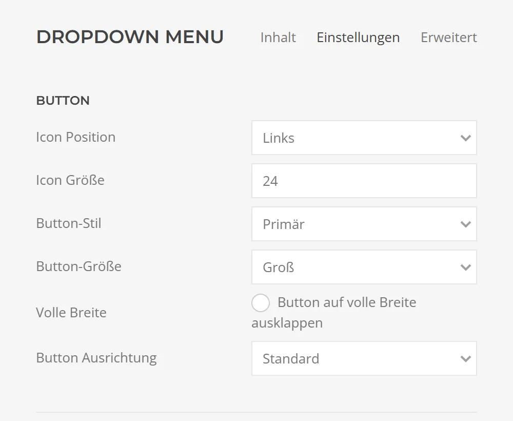 Button settings of Dropdown Menu in YOOtheme Pro: icon position and icon size, button style, button size, full width and alignment