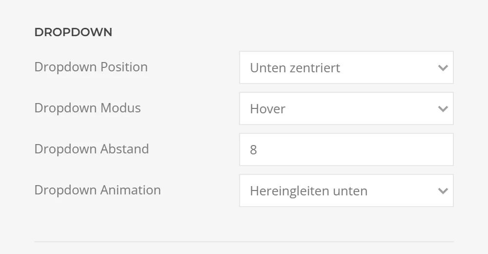 Dropdown settings of Dropdown Menu in YOOtheme Pro: position relative to the button, click or hover trigger, offset and entry animation