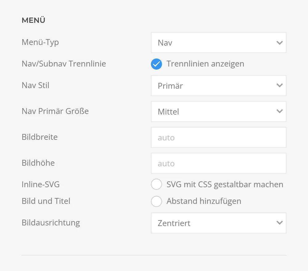 Menu display in Dropdown Menu in YOOtheme Pro: Nav menu type, dividers, nav style and size, image width, image height and image alignment