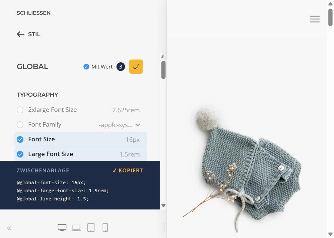 LESS Copy in YOOtheme Pro: a click on the Border Radius label in the Button component copies @button-border-radius, the Clipboard box confirms the copy