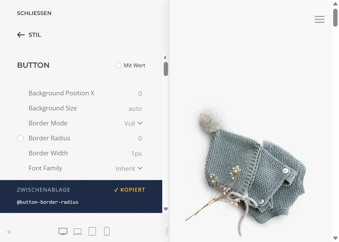 LESS Copy on WordPress: Heading component in the YOOtheme customizer with three highlighted, selected variables, With value switch and yellow copy button, the website preview on the right