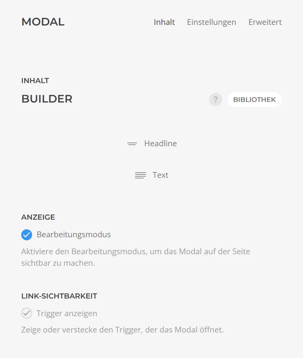 Modal element in YOOtheme Pro, Content tab: builder with heading and text in the dialog plus edit mode and link visibility