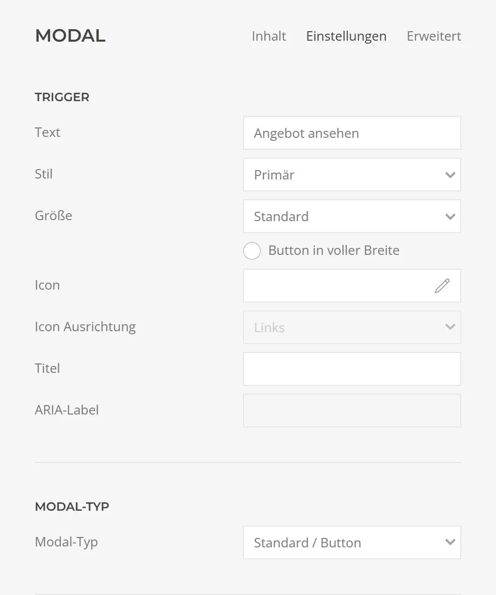 Modal settings in YOOtheme Pro: trigger button with text, style, size, icon, title and ARIA label