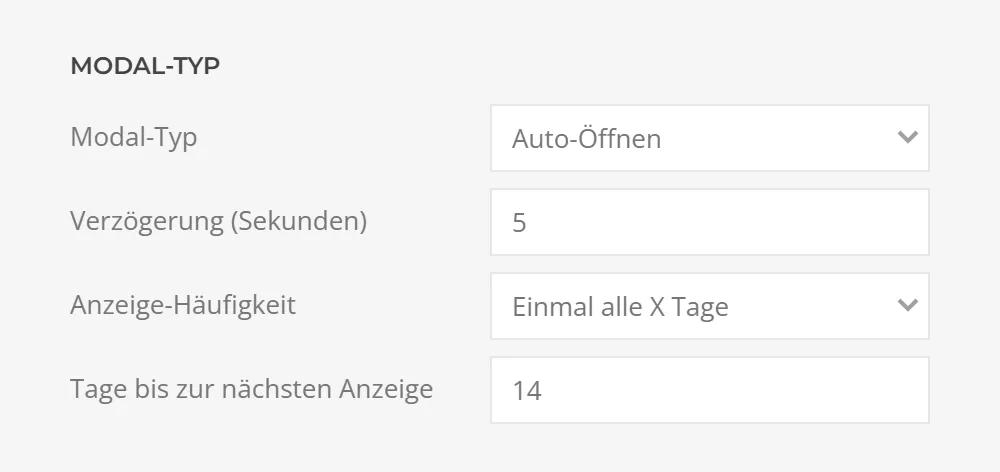 Modal type Auto-Open in YOOtheme Pro: delay in seconds and display frequency once every 14 days