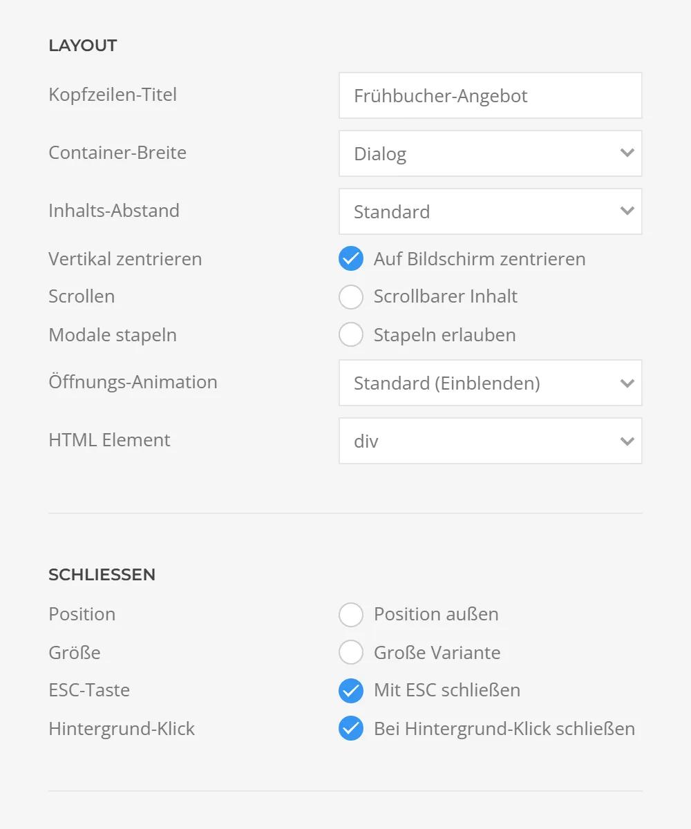 Layout and close options of the modal in YOOtheme Pro: header title, container width, padding, animation, Escape key and background click