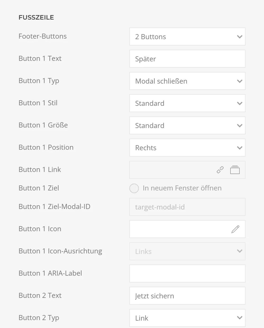 Footer buttons of the modal in YOOtheme Pro: number, text, type, style, size, position, link and icon per button
