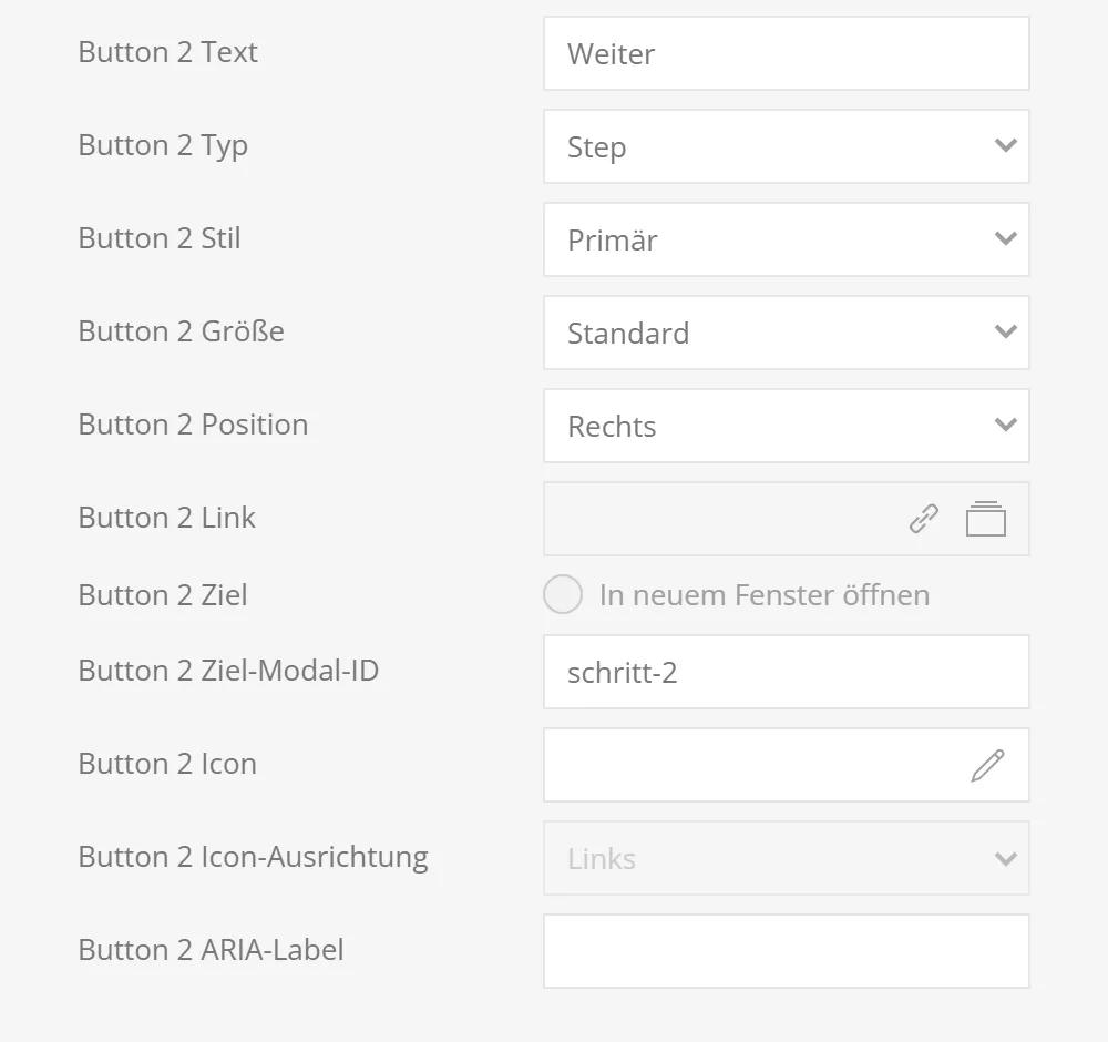 Modal footer in YOOtheme Pro: button 2 as Step, which closes the modal and opens another modal via the target modal ID