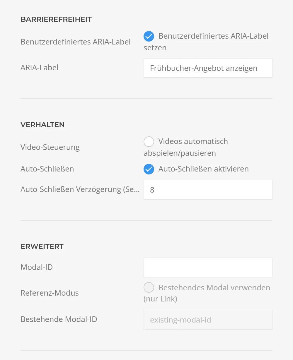 Accessibility and behavior of the modal in YOOtheme Pro: custom ARIA label, video control, auto-close with delay and modal ID