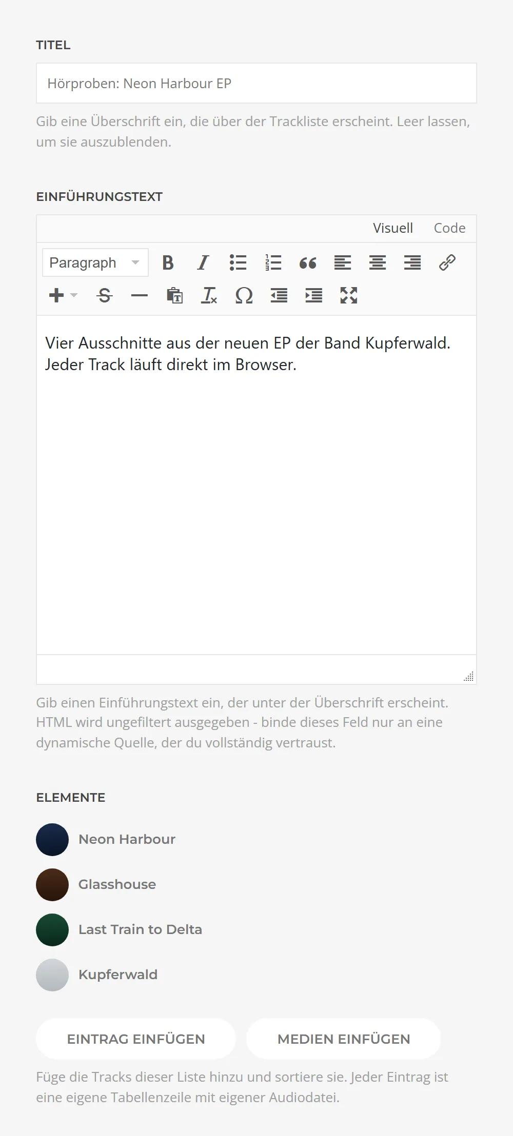 Audio Sample element of Music System in YOOtheme Pro, Content tab: title, intro text and the tracklist with items and buttons for adding them