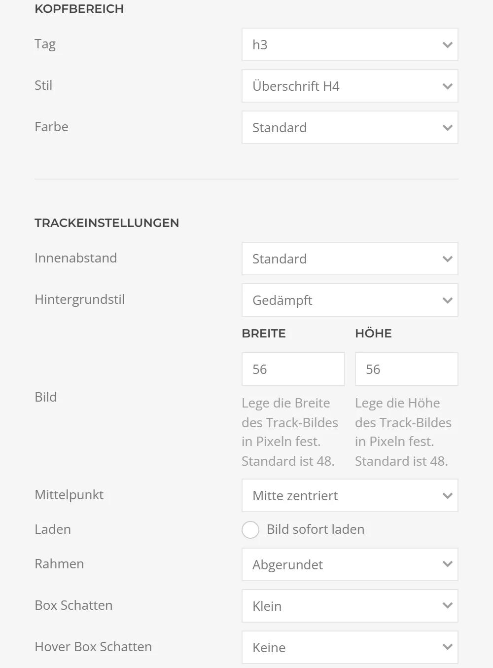 Music System in YOOtheme Pro, audio sample settings: header with tag, style and color, plus track settings with spacing, image size, border and shadow