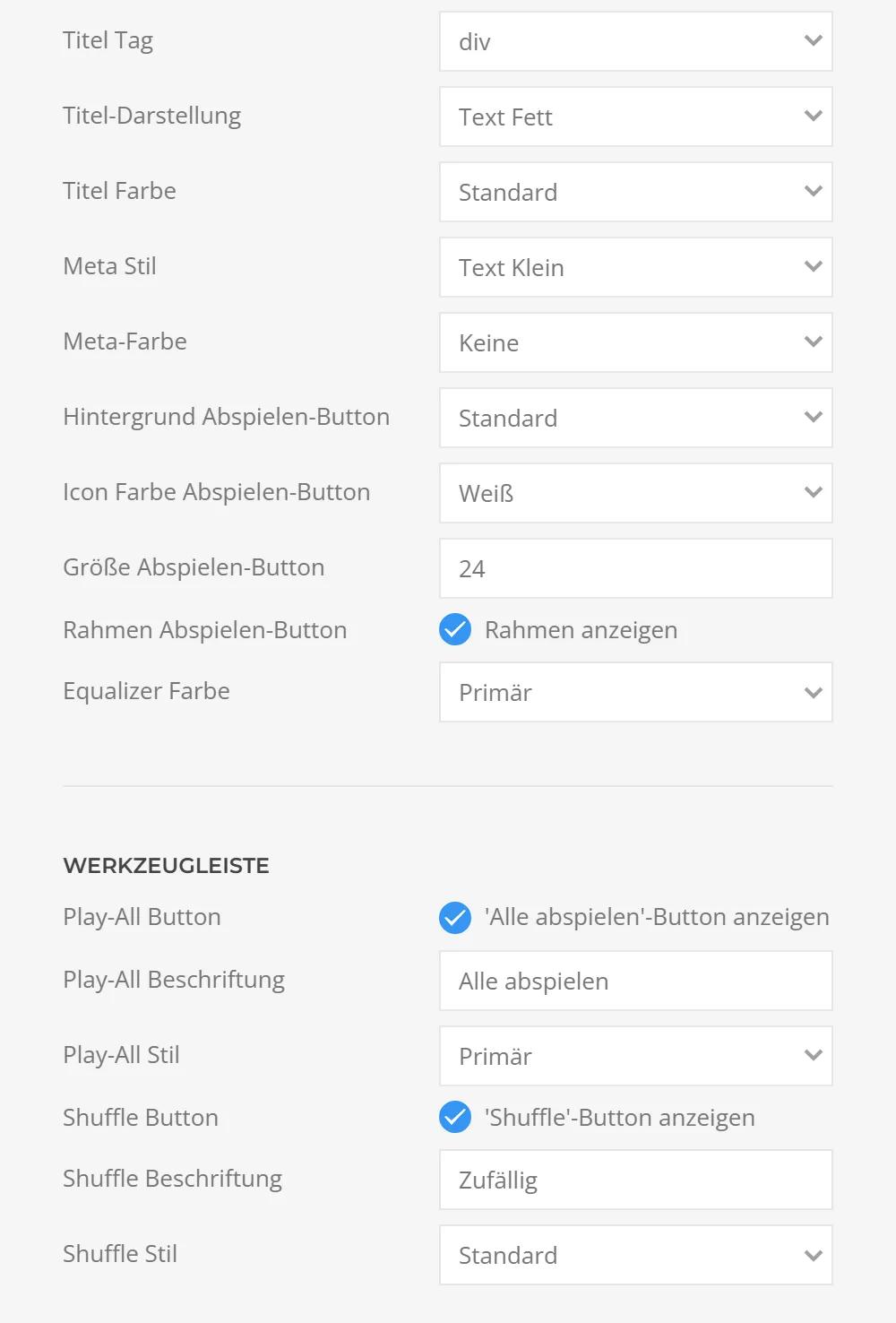 Music System in YOOtheme Pro: title and meta style, play button with color, size and border, equalizer color, plus Play All and Shuffle buttons in the toolbar