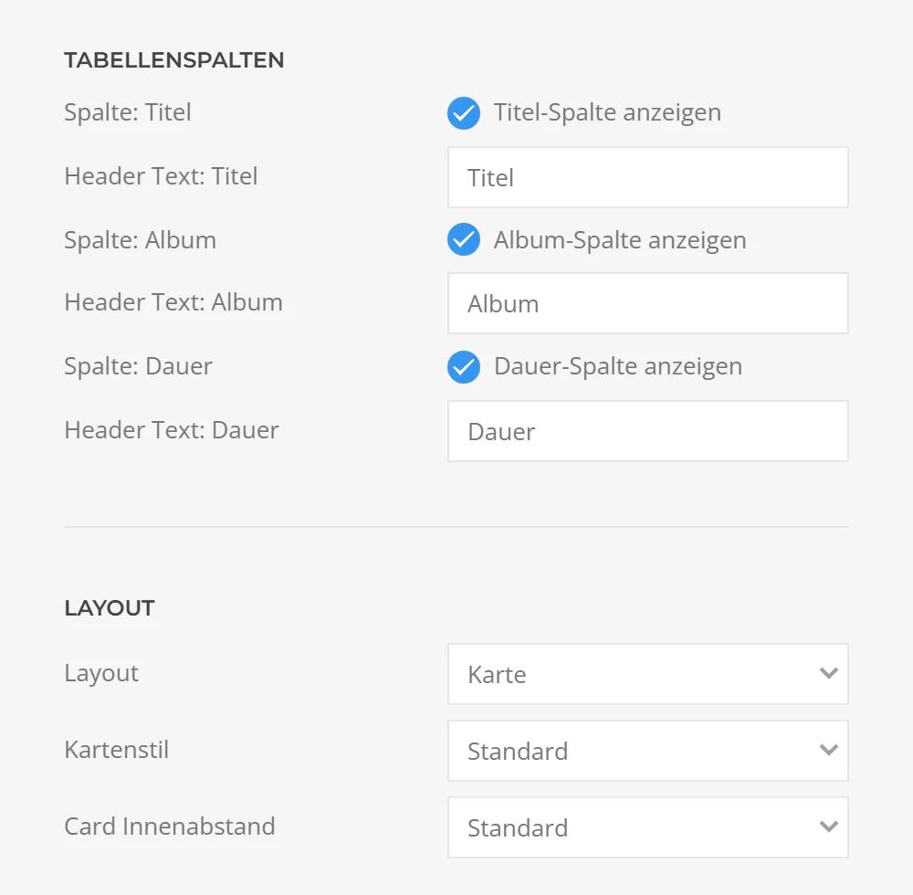 Music System in YOOtheme Pro: table columns for title, album and duration with custom header texts, plus card layout with card style and padding