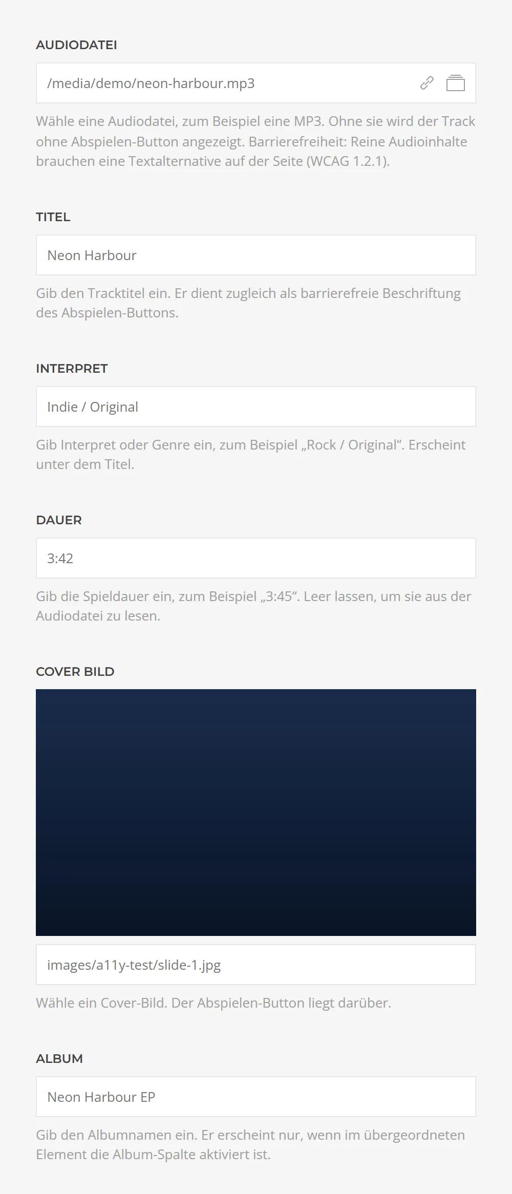 Track item of an Audio Sample element in YOOtheme Pro: audio file, title, artist, duration, cover image and album as fields of a single track