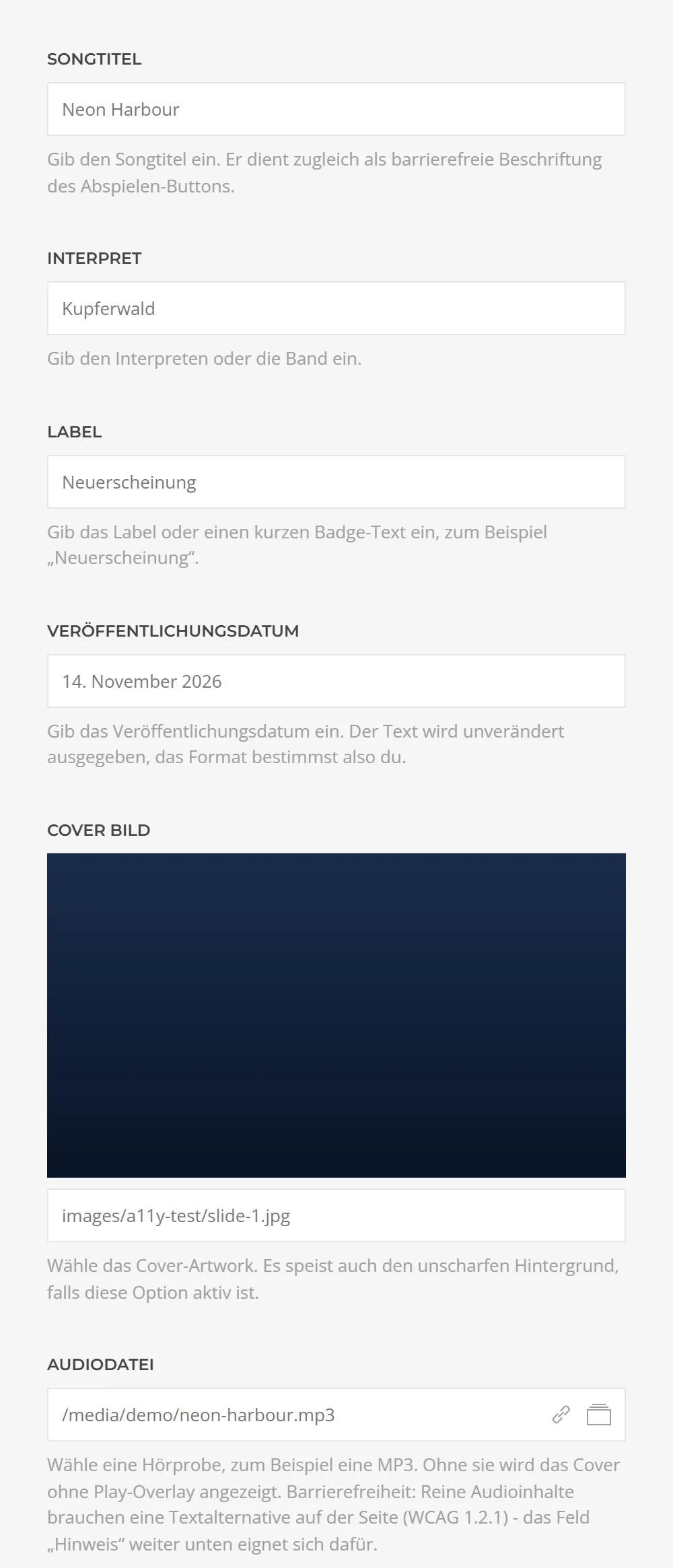Promo Song element of Music System in YOOtheme Pro, Content tab: song title, artist, label, release date, cover image and audio file for the sample