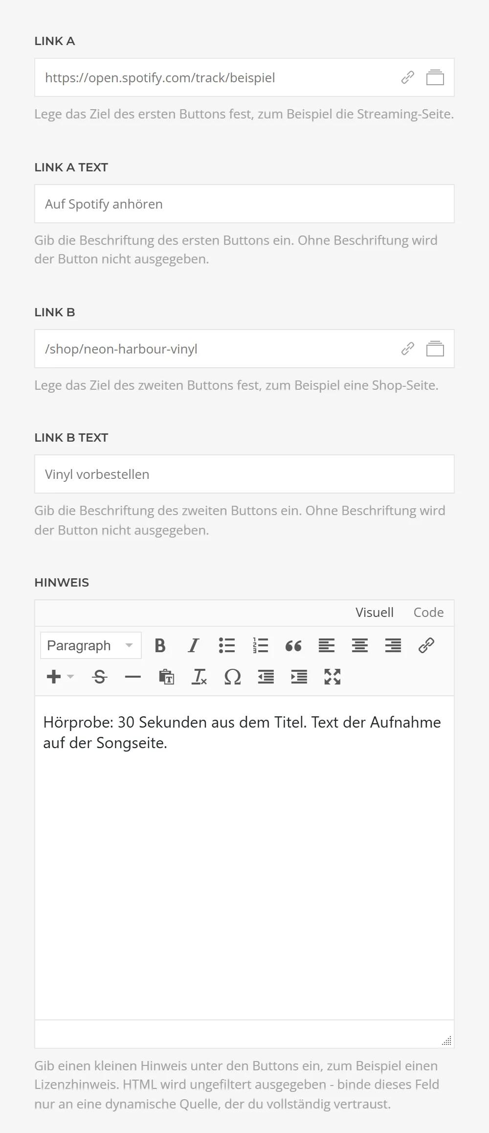 Promo Song in YOOtheme Pro, Content tab: two buttons with target and label, such as Spotify and Shop, plus a note field below the buttons for license notes