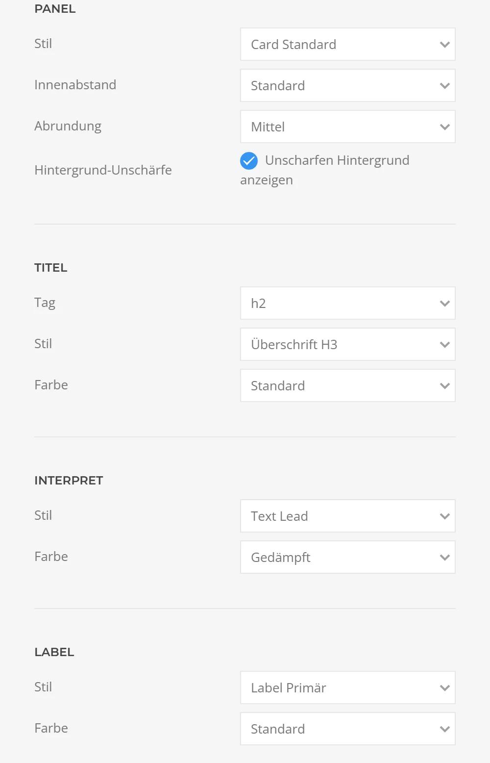 Promo Song settings in YOOtheme Pro: panel with style, padding, border radius and blurred cover background, plus style and color for title, artist and label