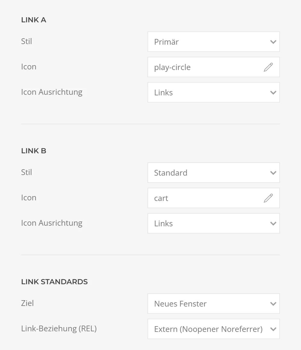 Promo Song in YOOtheme Pro: button style and icon for Link A and Link B, plus link target in a new window and rel attribute noopener noreferrer