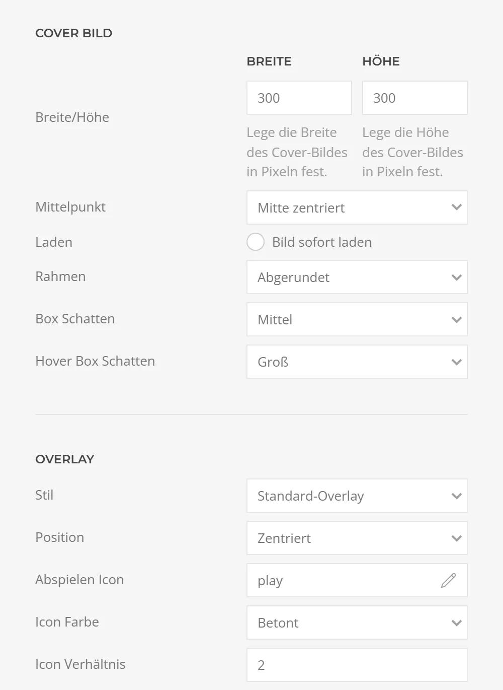 Promo Song in YOOtheme Pro: cover image with size, border and shadow, plus play overlay with style, position, icon, color and scale