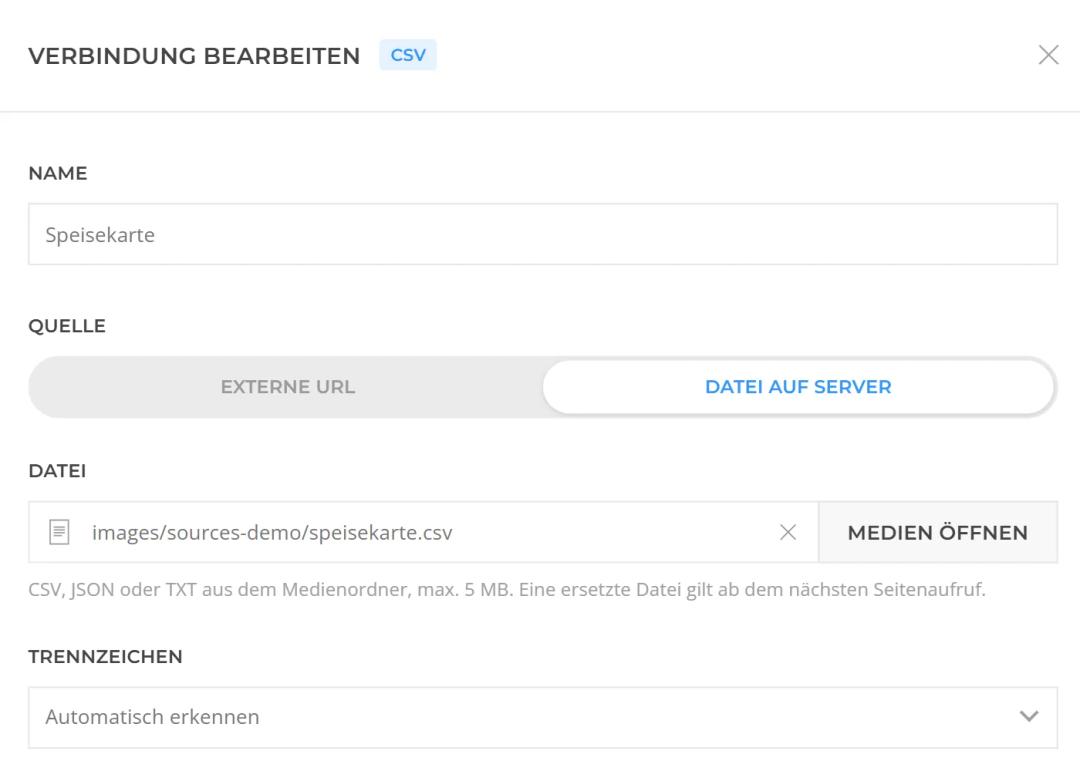Sources in YOOtheme Pro: CSV connection for a menu using a file from the media folder with automatically detected delimiter