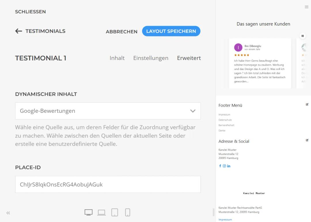 Sources in the YOOtheme builder: testimonial bound to the Google Reviews dynamic content with a place ID, next to the preview showing the loaded reviews