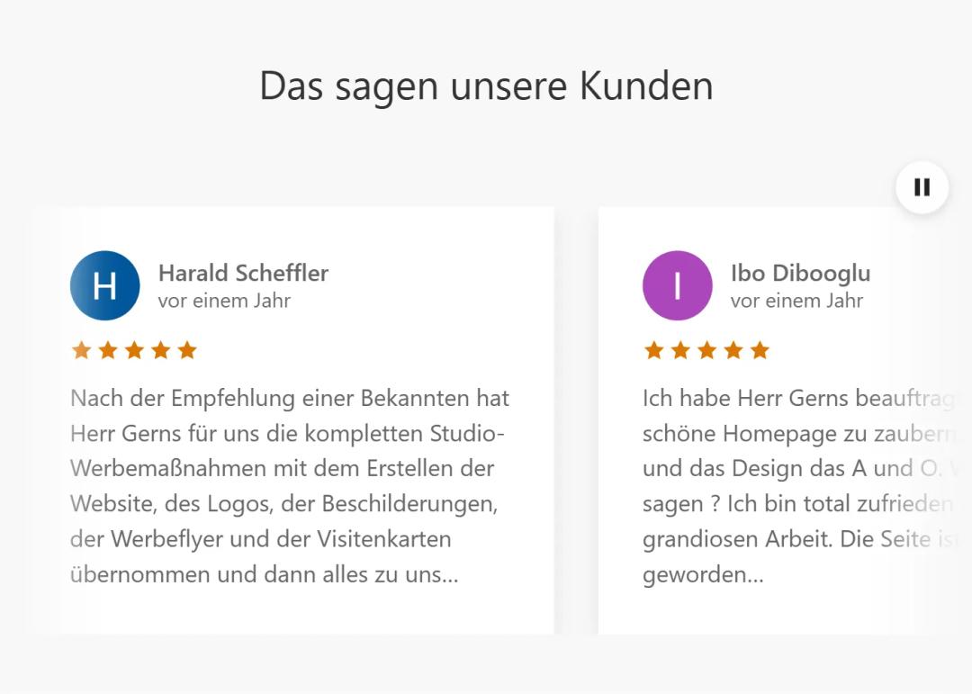 Sources on the website: Google reviews with name, stars and text shown in the testimonials element