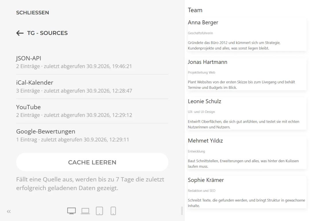 Sources in the YOOtheme customizer: cache status per source with number of entries and last fetch, clear cache button and a note on the fallback when a source fails