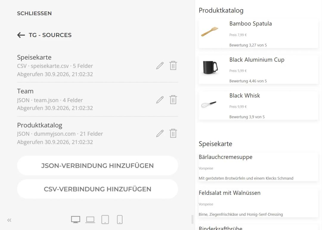 Sources in the YOOtheme customizer: list of JSON and CSV connections with format, origin, number of fields and last fetch, next to the preview showing a product catalogue from the JSON connection